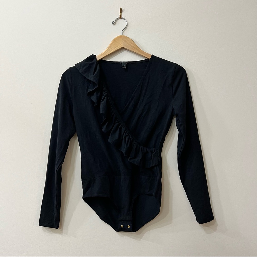 J Crew ruffle front wrap black long sleeve bodysuit